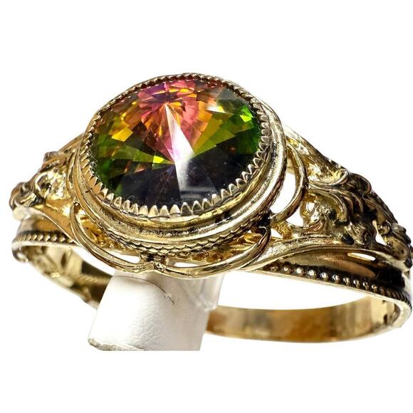 VTG Whiting & Davis Dazzling Watermelon Rivoli Hinged Bangle Bracelet In Gold - Picture 5 of 6